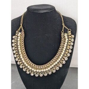 Gold Toned Statement Necklace Faux Pearls And Metal Beads With Rhinestones